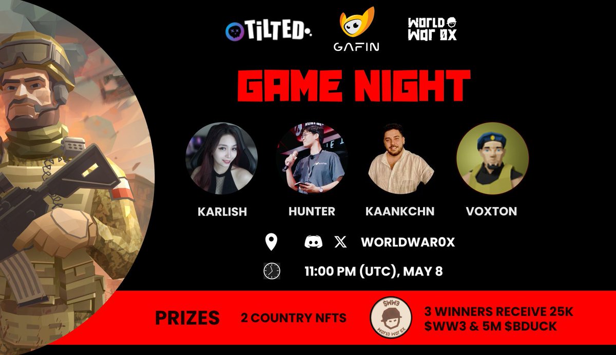 🎮 Game night is almost here!
Join the action with <a href="/tiltedxyz/">Tilted</a> &amp; <a href="/Gafin_io/">GaFin</a>!

📺 Hunter &amp; Kaankchn from Gafin
x.com/Gafin_io

📺 Karlish
twitch.tv/karlishgg

📺 Voxton
twitch.tv/voxton

Check #gamenight on Discord to see where matches are happening and which