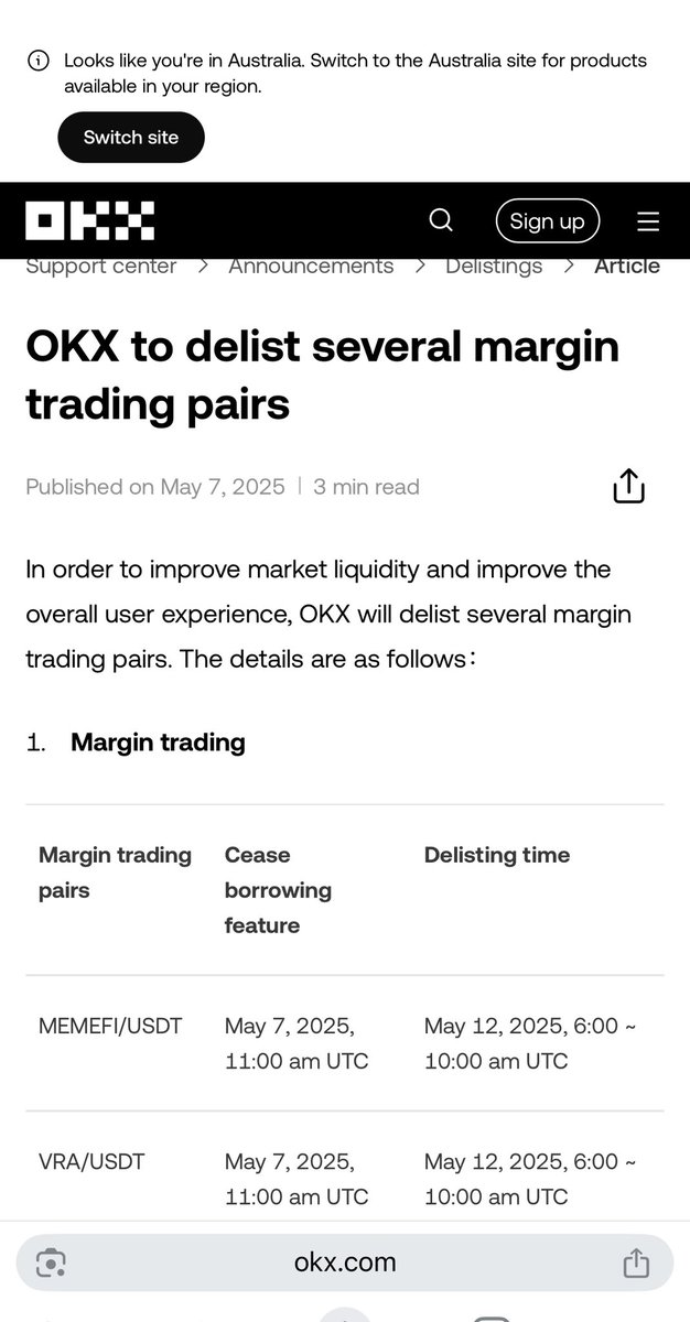 Garrycryptobro's tweet photo. 🚨 Reason of Massive Dumps for VRA and MEMEFI! 🚨

Both Verasity ($VRA) and MemeFi ($MEMEFI) experienced sharp declines after OKX announced the delisting of their margin trading pairs, effective May 12, 2025.

📉 VRA: -32% (24h)
📉 MEMEFI: -60% (24h)

🛑 Margin trading to cease on May 7, 2025.

🔗 #Crypto #VRA #MEMEFI #OKX