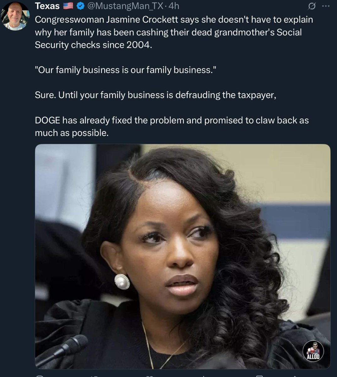 .<a href="/RepJasmine/">Congresswoman Jasmine Crockett</a> doesn't owe taxpayers an explanation of why her family has been cashing her ded grandmother's Social Security checks.

All of the Democrats are probably running this same scam
