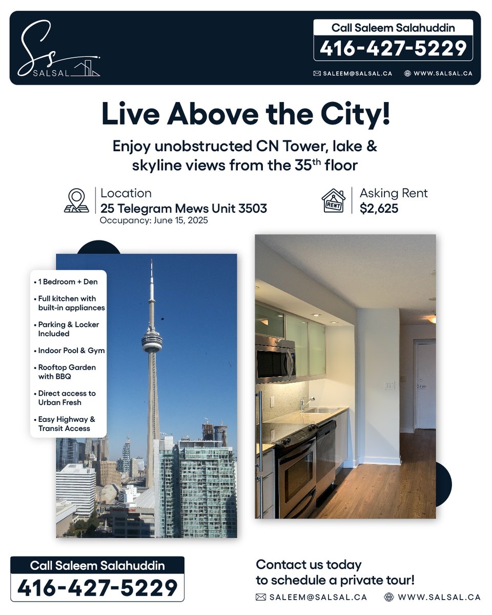 RealtorSalSal's tweet photo. Stunning city skyline &amp; lake views from this 1+den condo in Toronto’s Financial District! Exceptional amenities, prime location.

Call or text Sal at 416-427-5229 or email saleem@salsal.ca https://t.co/iSlYh9XAuq