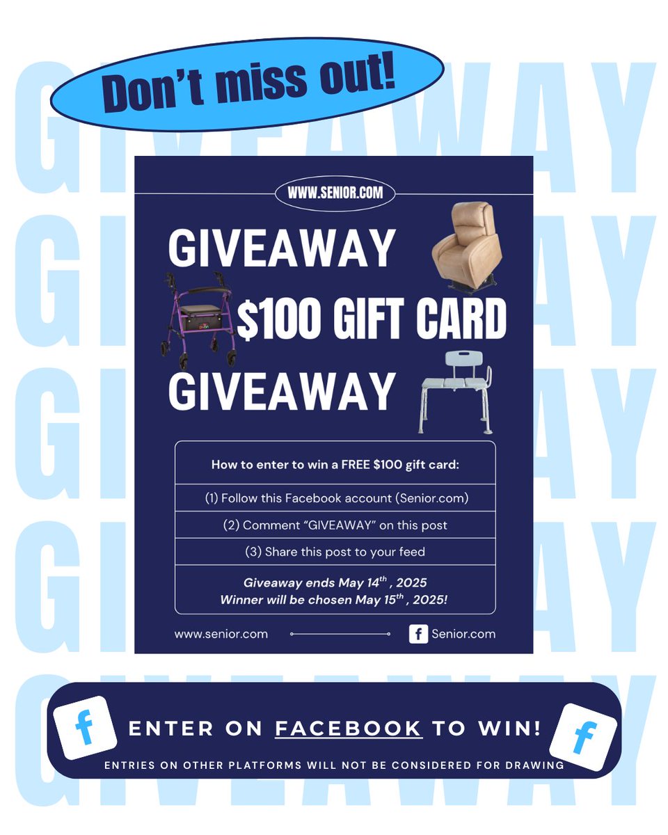 GIVEAWAY TIME!
How to enter:
1. Follow our page on Facebook (Senior.com)
2. Comment “GIVEAWAY” on our Giveaway Facebook post
3. Share the Senior.com Giveaway Facebook post to your feed
#senior_com #senior #medicalequipment #mobility #entertowin #Facebook