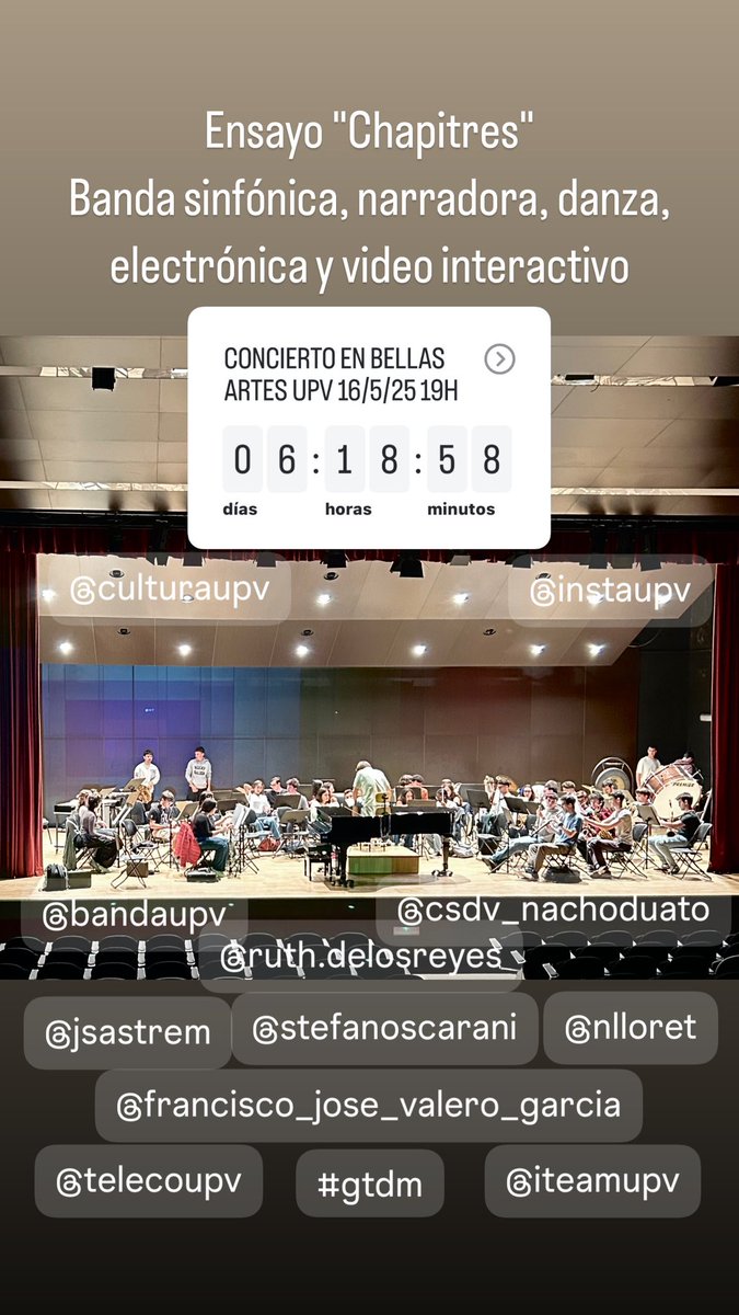 Soundcool (@soundcool_) on Twitter photo CHAPITRES
para banda sinfónica
Música <a href="/jsastremartinez/">Jorge Sastre</a>
Texto <a href="/nlloretromero/">Nuria Lloret Romero</a>
Danza C Giménez <a href="/csdv_valencia/">CSDV</a>
Electrónica en vivo S Scarani
Vídeo interactivo GTDM <a href="/TelecoUPV/">ETSIT-UPV Valencia</a>
Narradora R de los Reyes
Director Fco Valero García
<a href="/culturaupv/">Cultura UPV</a> <a href="/iteamUPV/">iTEAM Research Institute</a>
16/5/25, 19h, BBAA <a href="/UPV/">Universitat Politècnica de València</a> <a href="/fdnc_es/">Fundación Daniel y Nina Carasso</a> CHAPITRES
para banda sinfónica
Música <a href="/jsastremartinez/">Jorge Sastre</a>
Texto <a href="/nlloretromero/">Nuria Lloret Romero</a>
Danza C Giménez <a href="/csdv_valencia/">CSDV</a>
Electrónica en vivo S Scarani
Vídeo interactivo GTDM <a href="/TelecoUPV/">ETSIT-UPV Valencia</a>
Narradora R de los Reyes
Director Fco Valero García
<a href="/culturaupv/">Cultura UPV</a> <a href="/iteamUPV/">iTEAM Research Institute</a>
16/5/25, 19h, BBAA <a href="/UPV/">Universitat Politècnica de València</a> <a href="/fdnc_es/">Fundación Daniel y Nina Carasso</a>