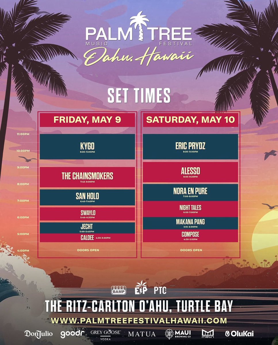 One day away from Year Two of @PalmTreeFest on the North Shore of O‘ahu at <a href="/TurtleBayResort/">Turtle Bay Resort</a>! Here are the set times for both days. Can’t wait to see you all there! #Chee ⚡️🌴🤘🏽✨