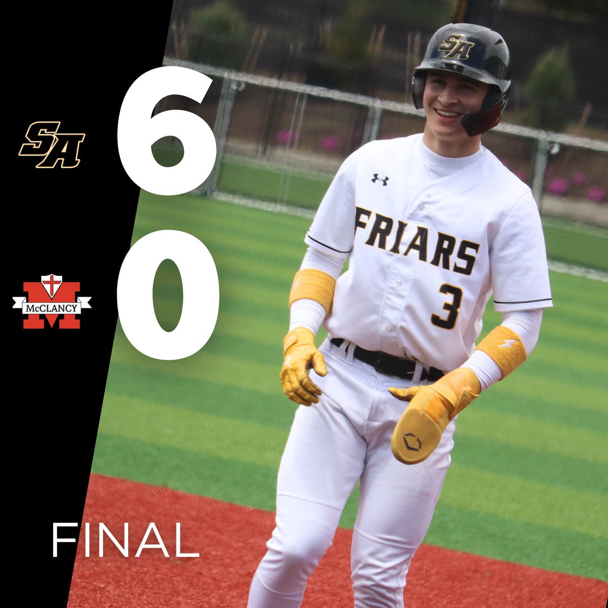 Anthony Carlo and the Friars are all smiles after a 6-0 win over Monsignor McClancy. Carlo’s 2 Run Home Run led the way for what would be a 5 run bottom of the 5th. Michael Clare went 6.2 IP striking out 6 while only allowing 2 hits!