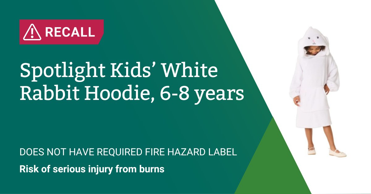 If you own a Spotlight Kids' White Rabbit Hoodie for 6-8 years, stop use immediately: they have been recalled. The product does not have the required fire hazard label. 
There is a risk of serious burn injuries if exposed to a heat or flame source. productsafety.gov.au/search-consume…