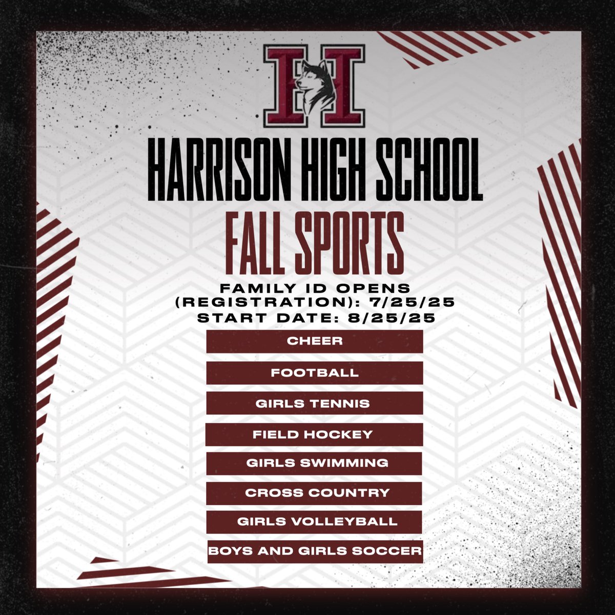 Harrison Athletics (@htown_huskies) on Twitter photo High School Fall Sport start and registration dates. Put it on the 🗓️ … <a href="/HarrisonHusky/">Harrison High School</a> High School Fall Sport start and registration dates. Put it on the 🗓️ … <a href="/HarrisonHusky/">Harrison High School</a>