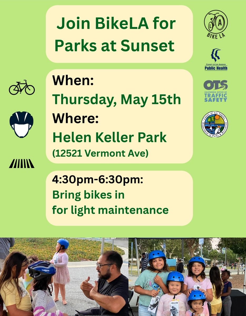 heybikela's tweet image. Join us for 🌇 Parks at Sunset with #BikeLA!

🚴‍♂️ Light bike maintenance
📅 Wed, May 15
🕟 4:30–6:30 PM
📍 Helen Keller Park (12521 Vermont Ave)
👫 All ages &amp;amp; levels welcome!

Let’s ride together into sunset ✨
#LosAngeles #CommunityRide #BikeLife