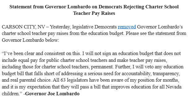 Great news from Carson City. 

<a href="/JosephMLombardo/">Governor Joe Lombardo</a> says he won't sign an education budget that doesn't treats charter school teachers equally -- that "falls short of addressing a serious need for accountability, transparency and real parental choice."

Stand strong.