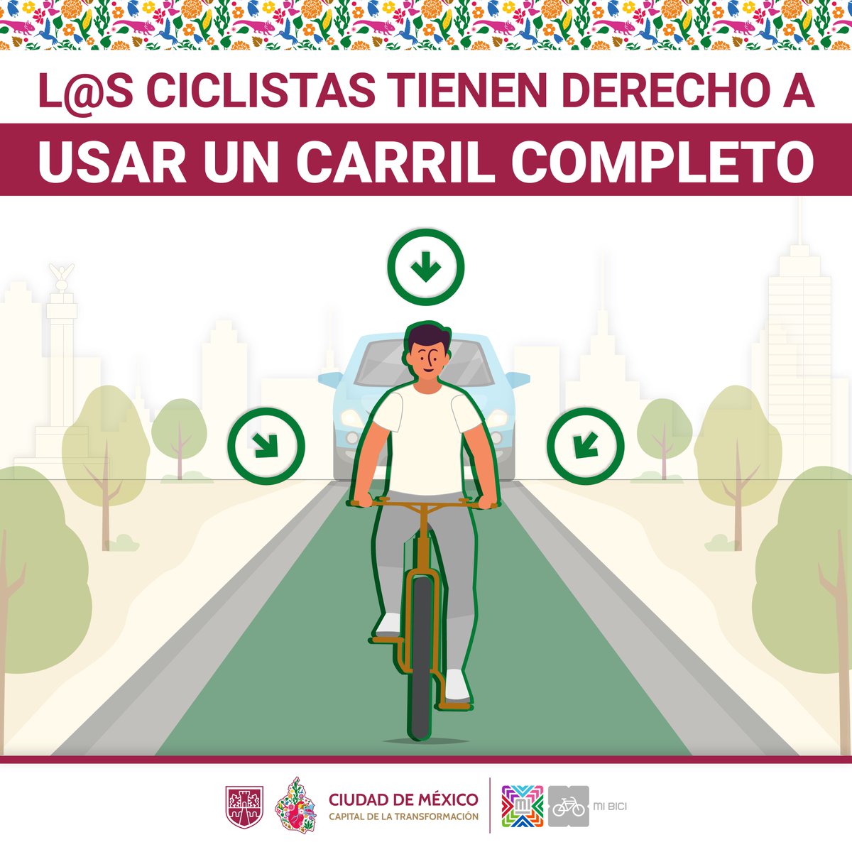 MIBiciCDMX's tweet image. Si conduces un vehículo automotor 🚗🚌, recuerda que las y los ciclistas pueden ocupar un carril completo para circular 🚴‍♀️😉

No olvides mantener una distancia de 1.5 m 🚲🏍🚙

#RTCDMX