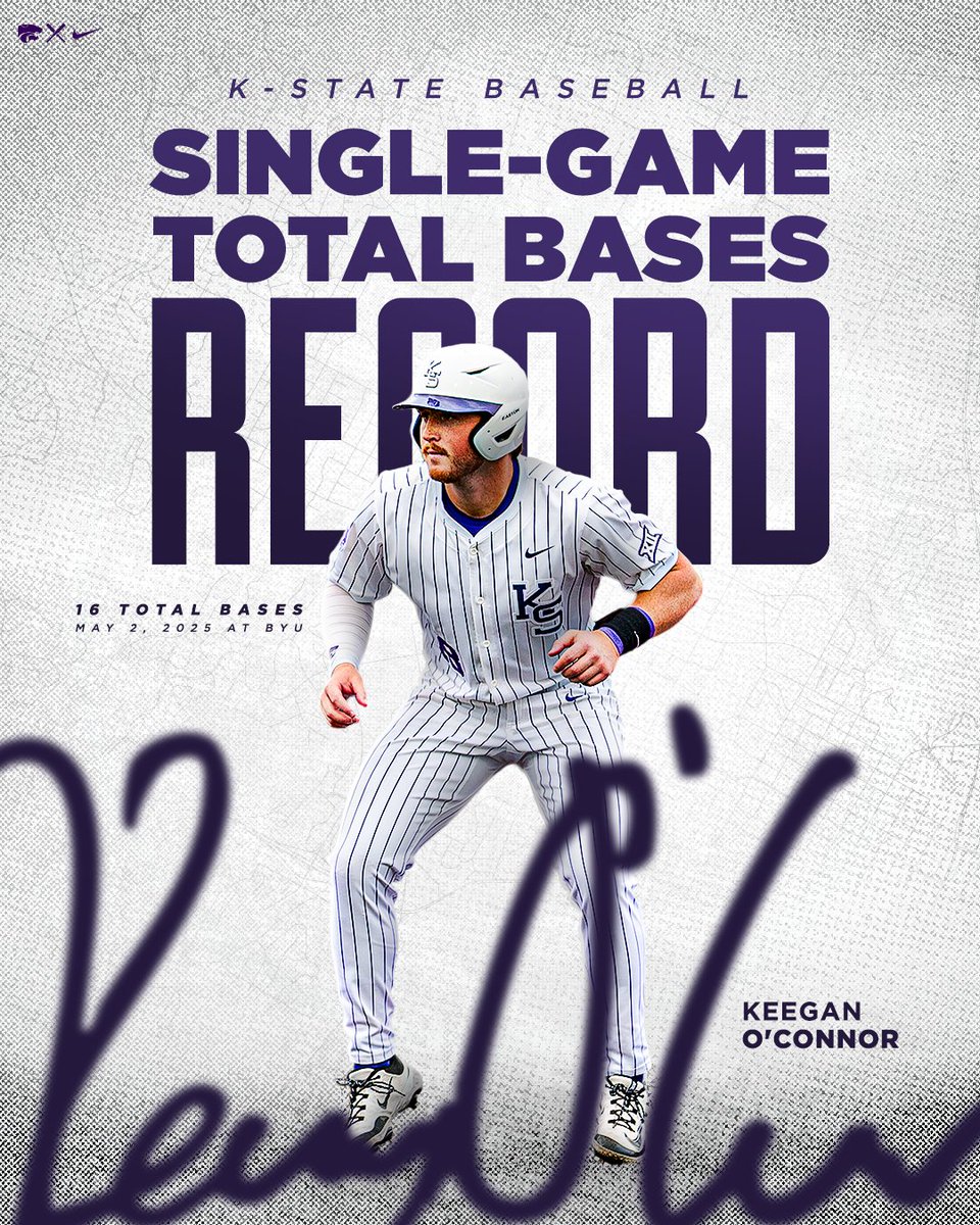 K-State Baseball (@kstatebsb) on Twitter photo PUT ON RECORD 😤
<a href="/keeganoc3/">Keegan O’Connor</a>'s 1️⃣6️⃣ total bases on Saturday breaks a school record that stood since 1988 and ties the #Big12BSB record. PUT ON RECORD 😤
<a href="/keeganoc3/">Keegan O’Connor</a>'s 1️⃣6️⃣ total bases on Saturday breaks a school record that stood since 1988 and ties the #Big12BSB record.