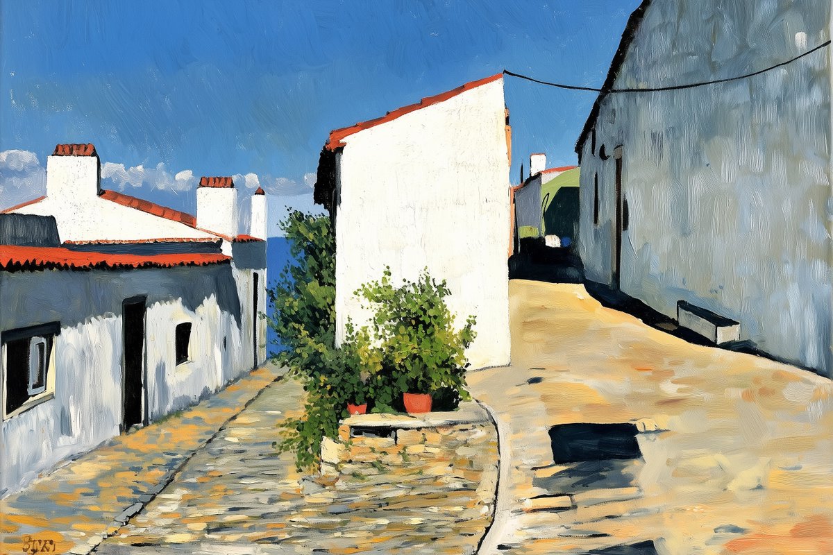 uchi3_jp's tweet photo. Original photograph is a rural Portuguese town that I captured on film with a CONTAX G2 camera in 1997. Using Midjourney's Edit feature, I created two different artistic interpretations based on these photos: one in "Stylized Realism" and another in "American Abstract Expressionism" acrylic painting styles.

私が1997年にCONTAX G2でフィルム撮影したポルトガルの田舎町の写真です。MidjourneyのEdit機能を使って、この写真をもとに「スタイライズドリアリズム」と「アメリカ抽象表現主義」のアクリル画に2パターン創作しました。

 #AIart #GenerativeArt #AIgeneratedart #Midjourney #AbstractExpressionism #DigitalPainting #ContemporaryArt #JapaneseArtist #AIアート #AI絵師 #画像生成AI #アート好きな人と繋がりたい
 
 #ポルトガル #Portugal
 
 #スタイライズドリアリズム #現代印象主義 #StylizedRealism #アメリカ抽象表現主義　#デクーニング　 #deKooning #Kooning #アクリル画 #アクリル絵画  #acrylicpaintings