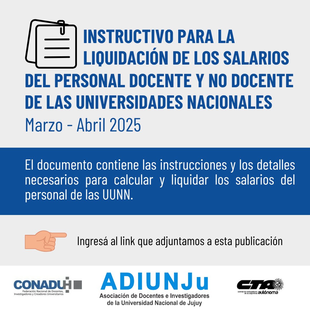 📋INSTRUCTIVO PARA LA LIQUIDACIÓN DE LOS SALARIOS  – MARZO Y ABRIL 2025

Ponemos a disposición el instructivo sobre la liquidación de sueldos del personal docente y no docente de las UUNN, correspondiente a los meses de marzo y abril de 2025.

🔗 drive.google.com/file/d/1IKwhZ2…
