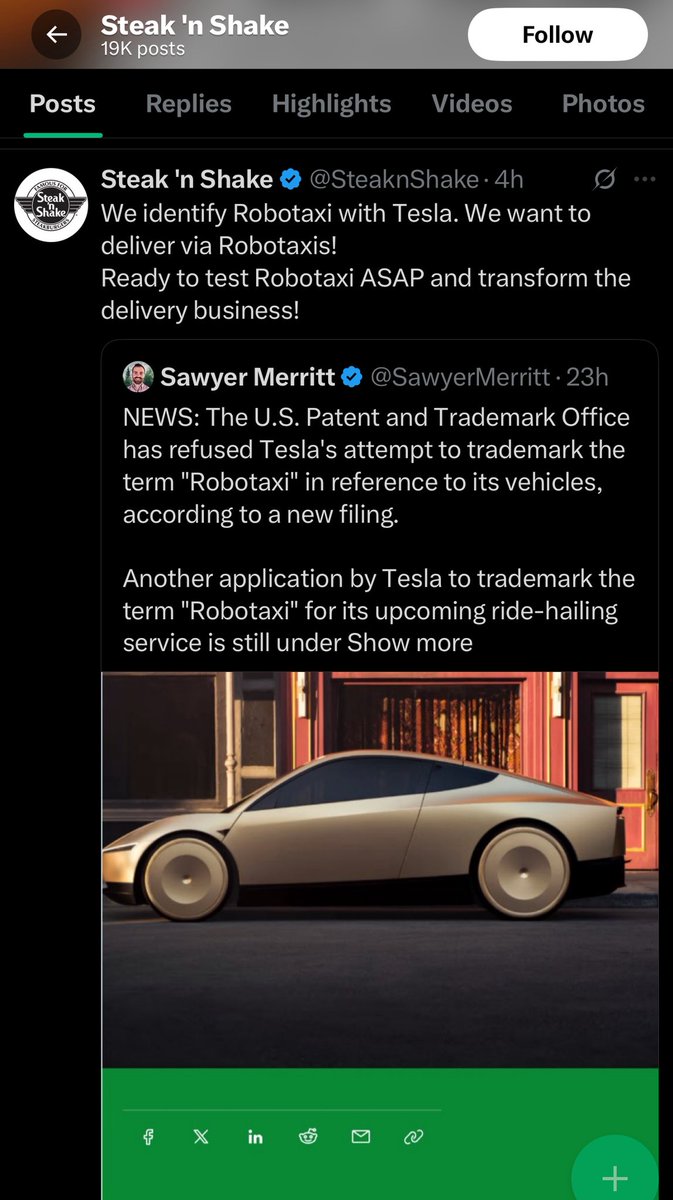 daltonbrewer's tweet photo. BREAKING:

STEAK ‘N SHAKE  HAS ANNOUNCED THEY WOULD LIKE TO START USING TESLA ROBOTAXIS FOR FOOD DELIVERY 

It has begun! 😎

$TSLA https://t.co/uS7yQAfSOa