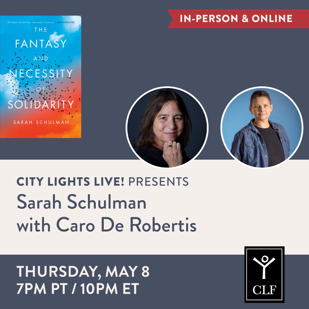 This evening, <a href="/sarahschulman3/">sarah schulman</a> and <a href="/caroderobertis/">Caro De Robertis</a> join us at City Lights to discuss THE FANTASY AND NECESSITY OF SOLIDARITY [<a href="/penguinusa/">Penguin Books USA</a>] 
🔹🐦‍⬛🔸
Come into the bookstore! Or join us on Zoom: citylights.com/events/sarah-s…