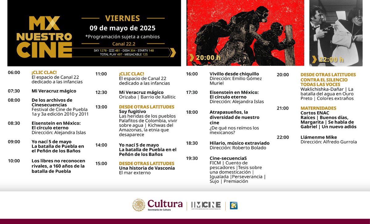 Canal 22 México (@canal22) on Twitter photo ¡Buen día! 🌞 Te presentamos las carteleras del #Veintidós y <a href="/mxnuestrocine/">Canal MX Nuestro Cine</a> para hoy, viernes 9 de mayo.
📺 Señal 22.1
Streaming: canal22.org.mx
📺 Señal 22.2
Streaming:canal22.org.mx/mx_nuestro_cin… ¡Buen día! 🌞 Te presentamos las carteleras del #Veintidós y <a href="/mxnuestrocine/">Canal MX Nuestro Cine</a> para hoy, viernes 9 de mayo.
📺 Señal 22.1
Streaming: canal22.org.mx
📺 Señal 22.2
Streaming:canal22.org.mx/mx_nuestro_cin…