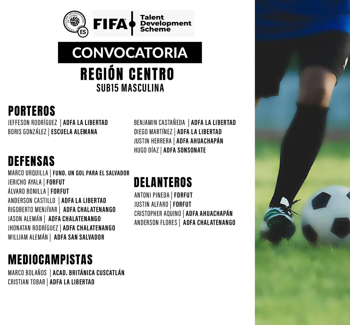 🏆 Selección Regional Centro del Programa FIFA TDS – FESFUT 

📍 Sede: Complejo Deportivo FESFUT

📅 MICROCICLO #2
Fechas: del 13 al 15 de mayo
Horario: de 2:00 p.m. a 5:00 p.m.