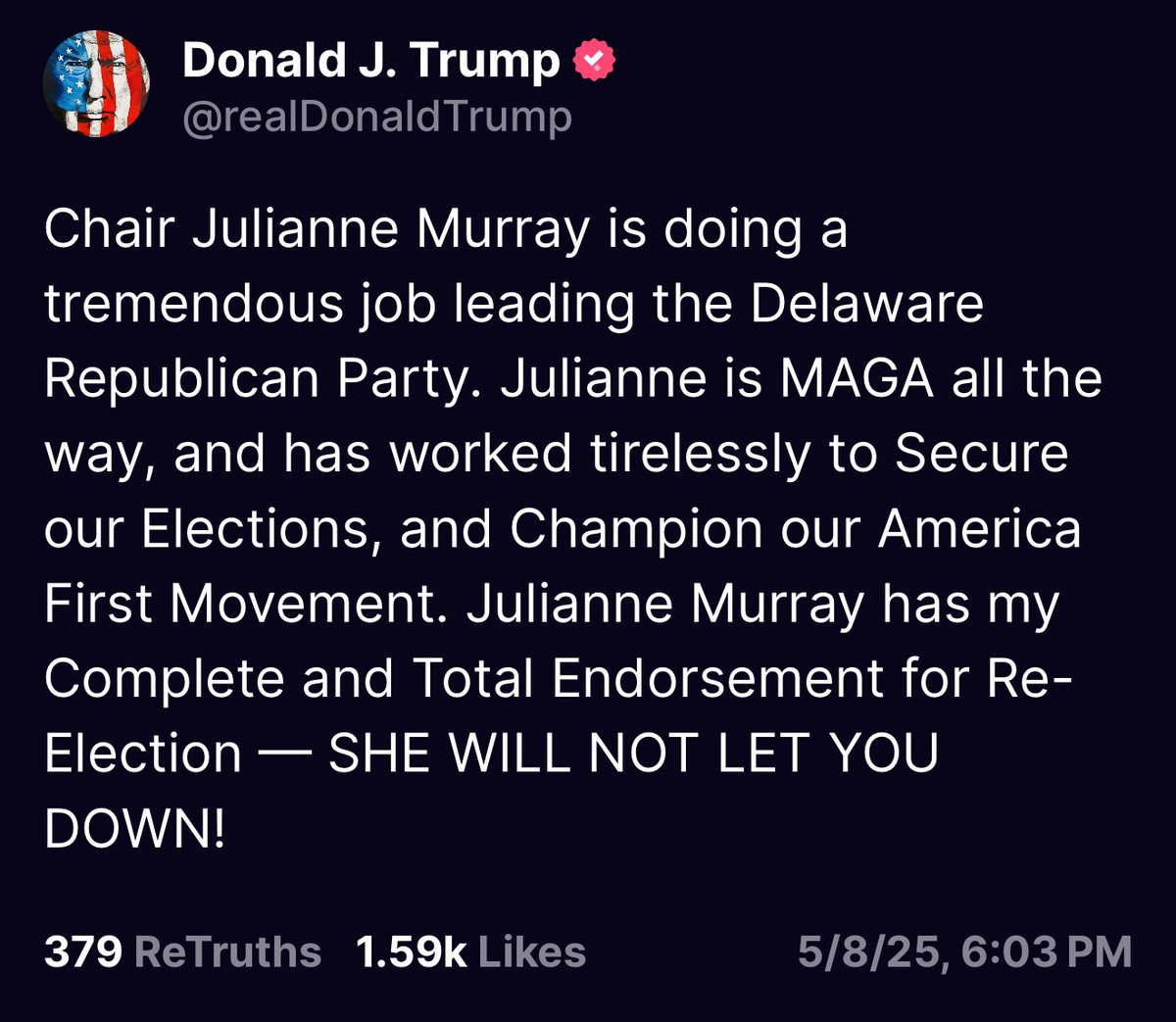 Thank you @realdonaldtrump! Your confidence in me means so much! The Delaware GOP is alive and fighting for America and Delaware!