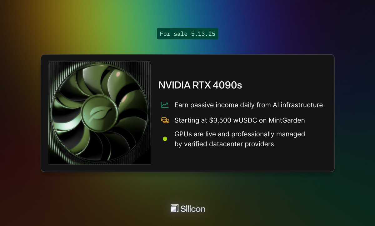 Announcing the world’s first tokenized GPUs for public sale coming this Tuesday, 5.13.25.

48x NVIDIA 4090 GPU NFTs will be released for purchase on MintGarden. These are live GPUs, already earning income and paying out earnings on-chain. 

A few details you’ll want to know: