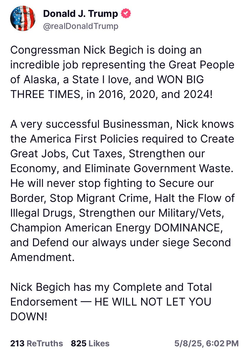 Nick Begich (@nickforalaska) on Twitter photo Serving the people of Alaska is a tremendous honor. Every day my team and I work to move important America First priorities for our state and nation through the Congress. Thank you <a href="/realDonaldTrump/">Donald J. Trump</a> for your complete and total endorsement! Together we are working to Unlock Serving the people of Alaska is a tremendous honor. Every day my team and I work to move important America First priorities for our state and nation through the Congress. Thank you <a href="/realDonaldTrump/">Donald J. Trump</a> for your complete and total endorsement! Together we are working to Unlock