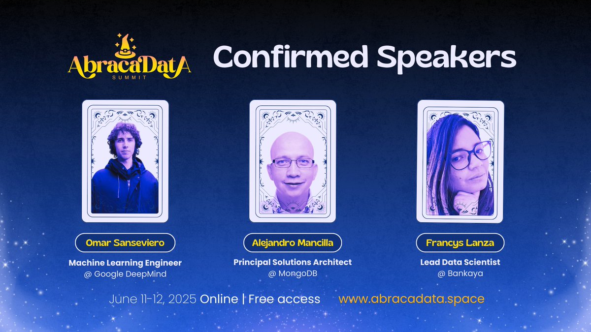 AbracaData (@abracadataspace) on Twitter photo 📣 #Abracadata welcomes 3 new wizards to the main stage of the speaker lineup:
🧙♀️ Francys Lanza, Lead Data Scientist at Bankaya.
⚡ Alejandro Mancilla, Principal Solutions Architect at <a href="/MongoDB/">MongoDB</a>.
🌌 <a href="/osanseviero/">Omar Sanseviero</a> , ML Engineer at <a href="/GoogleDeepMind/">Google DeepMind</a>.
Join us! abracadata.space 📣 #Abracadata welcomes 3 new wizards to the main stage of the speaker lineup:
🧙♀️ Francys Lanza, Lead Data Scientist at Bankaya.
⚡ Alejandro Mancilla, Principal Solutions Architect at <a href="/MongoDB/">MongoDB</a>.
🌌 <a href="/osanseviero/">Omar Sanseviero</a> , ML Engineer at <a href="/GoogleDeepMind/">Google DeepMind</a>.
Join us! abracadata.space