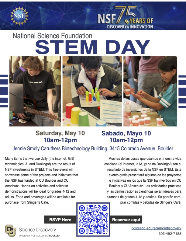 CU Science Discovery (@cusciencedisco) on Twitter photo Our FREE NSF STEM Day event is Sat. from 10am-12pm at <a href="/CUBoulder/">CU Boulder 🦬</a>. Join us for a morning of engaging #STEM fun showcasing NSF-supported research in fields such as engineering, education, aerospace, cognitive science, and biochemistry. See you there! RSVP: bit.ly/NSFSTEMDay Our FREE NSF STEM Day event is Sat. from 10am-12pm at <a href="/CUBoulder/">CU Boulder 🦬</a>. Join us for a morning of engaging #STEM fun showcasing NSF-supported research in fields such as engineering, education, aerospace, cognitive science, and biochemistry. See you there! RSVP: bit.ly/NSFSTEMDay