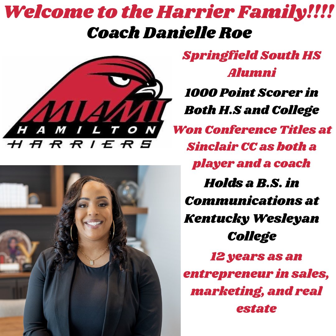 Miami University Hamilton Women’s Basketball (@muh_wbb) on Twitter photo Lets welcome <a href="/CoachRoe22/">Danielle Roe</a> to the Harrier Family! Be on the lookout for HARRIERS HUDDLE ANNOUNCEMENTS in the next 48 hours! #OnTHEEclock Lets welcome <a href="/CoachRoe22/">Danielle Roe</a> to the Harrier Family! Be on the lookout for HARRIERS HUDDLE ANNOUNCEMENTS in the next 48 hours! #OnTHEEclock