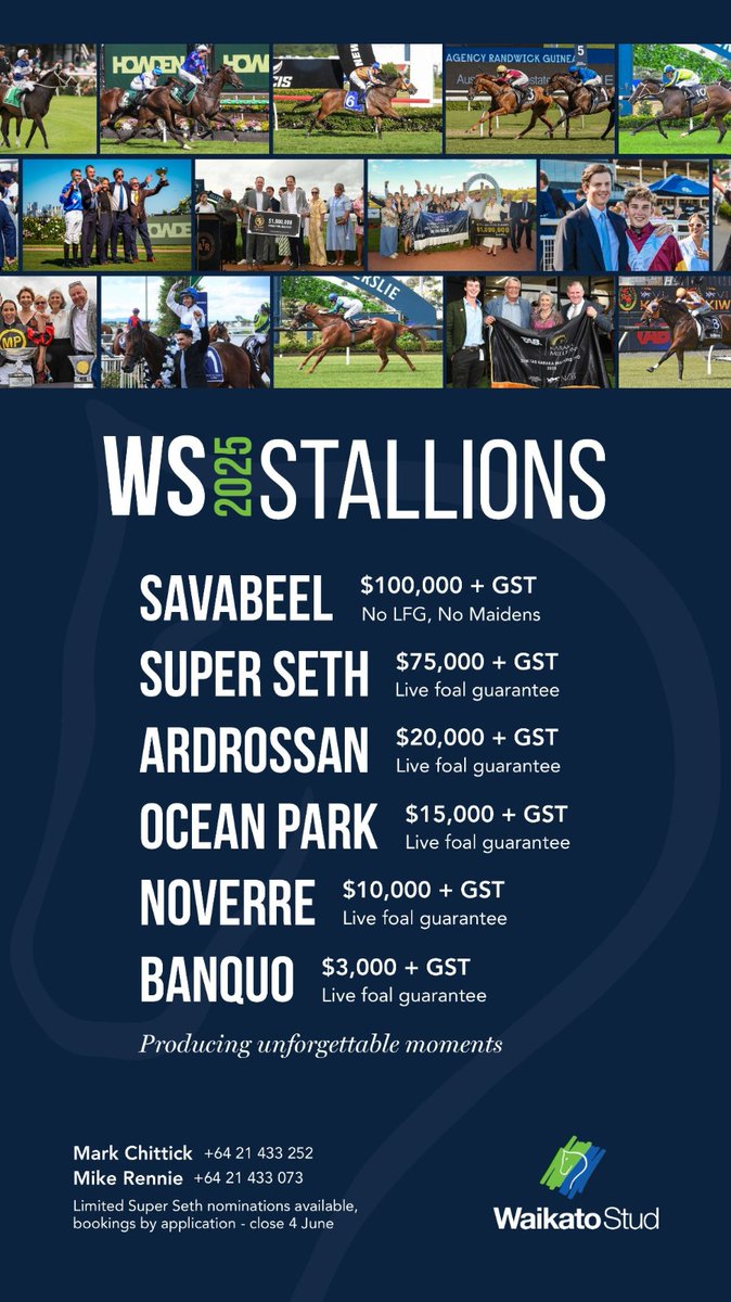 🟢 WS 2025 Stallions 🔵

Savabeel $100k + GST 
No LFG, No Maidens

Super Seth $75k + GST
Live foal guarantee

Ardrossan $20k + GST
Live foal guarantee

Ocean Park $15k + GST
Live foal guarantee

Noverre $10k + GST
Live foal guarantee

Banquo $3k + GST
Live foal guarantee