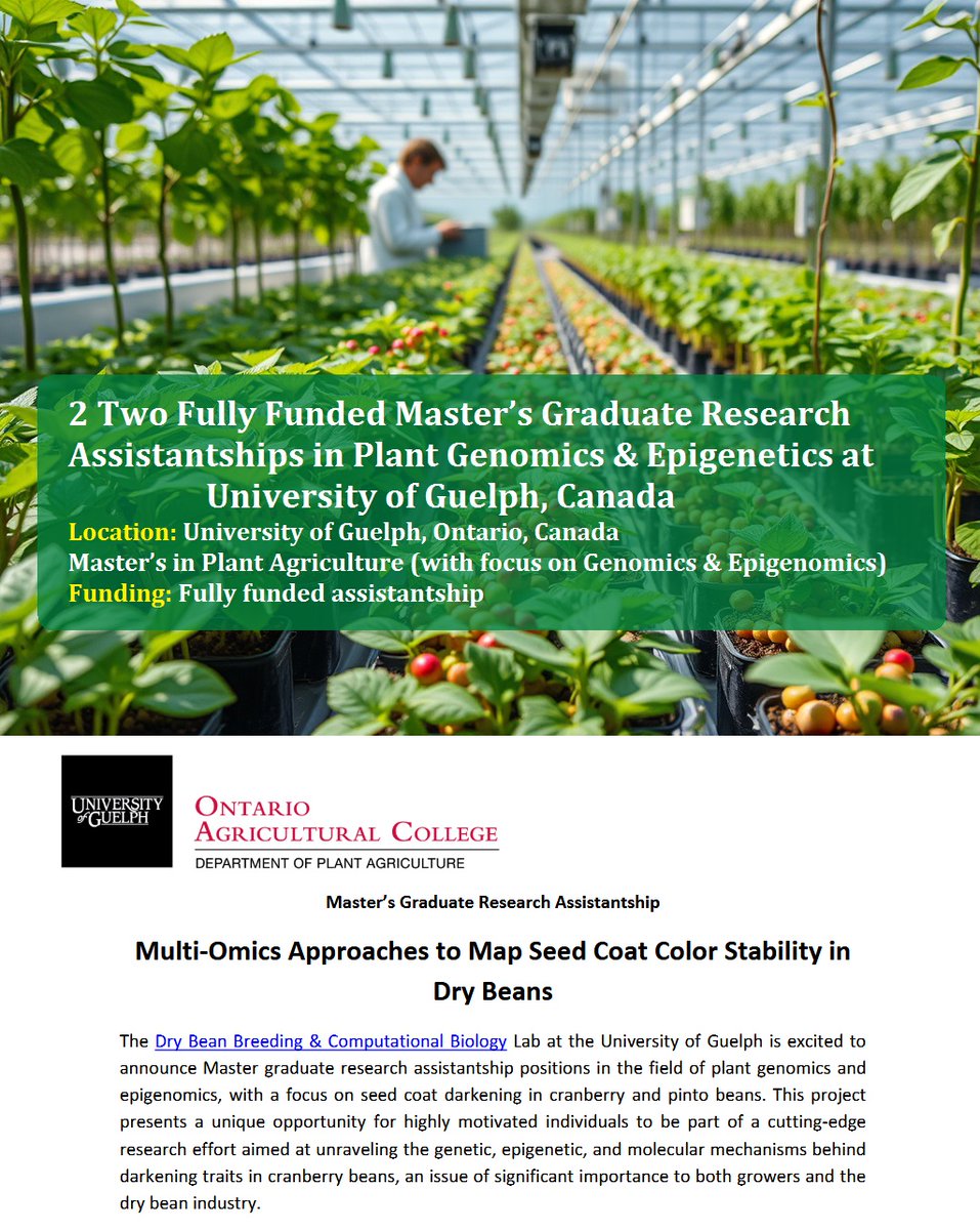 🌾 2 Two Fully Funded Master’s Graduate Research Assistantships in Plant Genomics &amp; Epigenetics at University of Guelph, Canada 🇨🇦, See details at: wp.me/pbv48T-b7q