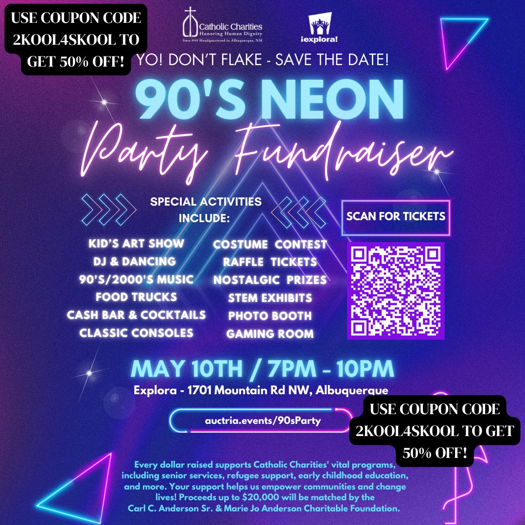 ccasfnm's tweet photo. 🎉 Neon &amp; Nostalgia is THIS SATURDAY  7pm - 10pm at Explora! Throw it back to the 90s while supporting Catholic Charities’ programs for local families, seniors &amp; refugees.
🎟️ Use code 2Kool4Skool for 50% off tickets!
Get yours: https://t.co/zSMUDcjPdq #ABQ https://t.co/6qkk6f33kR
