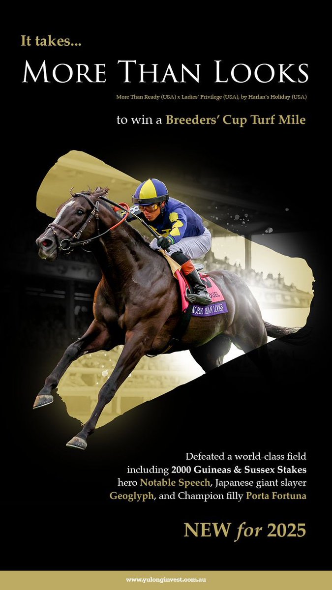 TTR AusNZ (@ttrausnz) on Twitter photo ⚜️ It takes...
More Than Looks
to win a Breeder's Cup Turf Mile 🏆
Defeated a world-class field including 2000 Guineas & Sussex Stakes hero Notable Speech, Japanese giant slayer Geoglyph, and Champion filly Porta Fortuna.
NEW for 2025❗️
<a href="/YulongInvest/">Yulong Investments</a>
📹 ⚜️ It takes...
More Than Looks
to win a Breeder's Cup Turf Mile 🏆
Defeated a world-class field including 2000 Guineas & Sussex Stakes hero Notable Speech, Japanese giant slayer Geoglyph, and Champion filly Porta Fortuna.
NEW for 2025❗️
<a href="/YulongInvest/">Yulong Investments</a>
📹