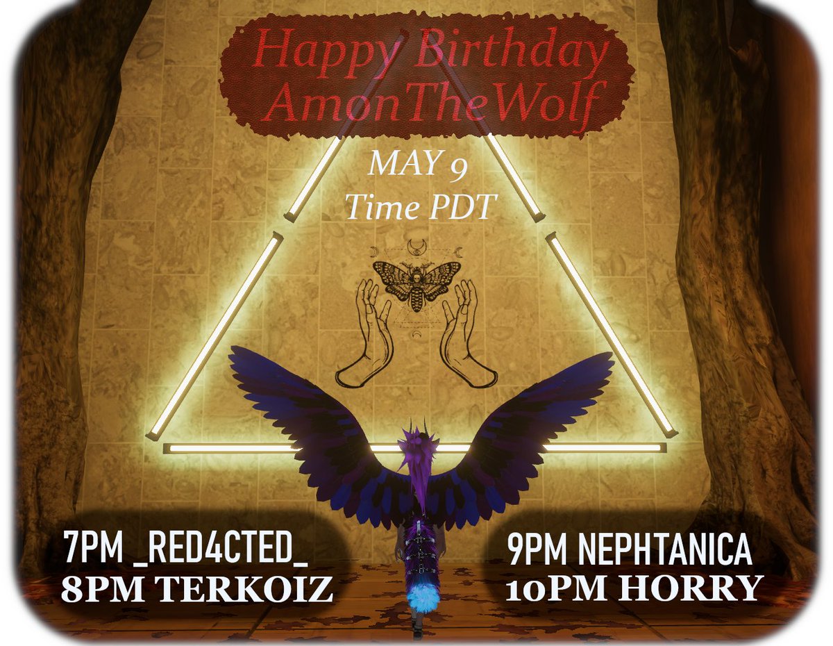 Serynn Dipity (@serynn_d) on Twitter photo Join to celebrate AmonTheWolf's birthday TOMORROW, May 9! <a href="/amontwolf/">AmonTheWolf</a> Music by <a href="/DJ_RED4CTED_/">_RED4CTED_</a> , <a href="/TerkoizMusic/">terkoiz</a> , <a href="/NephtanicaTV/">Nephtanica</a> , and <a href="/DjH0rry/">H0rry</a> !
Instance Amon's Friends+;
doors open ~7PM PDT if not sooner Join to celebrate AmonTheWolf's birthday TOMORROW, May 9! <a href="/amontwolf/">AmonTheWolf</a> Music by <a href="/DJ_RED4CTED_/">_RED4CTED_</a> , <a href="/TerkoizMusic/">terkoiz</a> , <a href="/NephtanicaTV/">Nephtanica</a> , and <a href="/DjH0rry/">H0rry</a> !
Instance Amon's Friends+;
doors open ~7PM PDT if not sooner