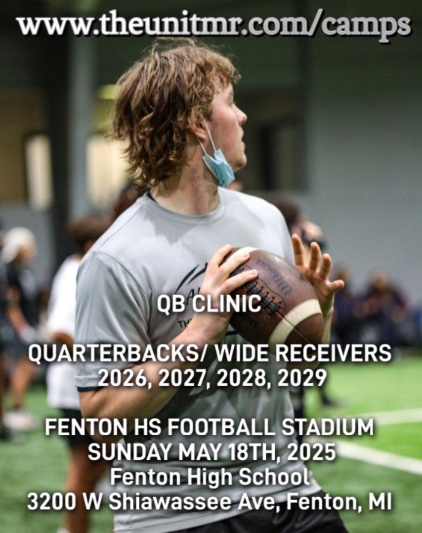 Joe Tramble (@tramblejoe) on Twitter photo THEUNIT MIDWEST RECRUITMENT
QB CLINIC <a href="/NxtLevelAtx/">Next Level Athletix</a> <a href="/matrixqb/">MATRIX QB Training</a> <a href="/RiseAndFireCamp/">Rise & Fire</a> <a href="/TColston6/">Gunslinger QB Challenge</a> <a href="/QBHitList/">QBHitList.com</a> <a href="/TheD_Zone/">The D Zone</a>
QB AND WR You Have 1 Week Left To Get Registered theunitmr.com/camps Class 2026, 2027, 2028, 2029
Fenton High School Football Stadium
Sunday May 18, 2025 THEUNIT MIDWEST RECRUITMENT
QB CLINIC <a href="/NxtLevelAtx/">Next Level Athletix</a> <a href="/matrixqb/">MATRIX QB Training</a> <a href="/RiseAndFireCamp/">Rise & Fire</a> <a href="/TColston6/">Gunslinger QB Challenge</a> <a href="/QBHitList/">QBHitList.com</a> <a href="/TheD_Zone/">The D Zone</a>
QB AND WR You Have 1 Week Left To Get Registered theunitmr.com/camps Class 2026, 2027, 2028, 2029
Fenton High School Football Stadium
Sunday May 18, 2025