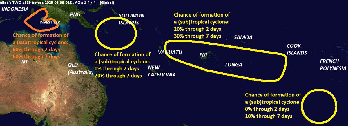 elioeFIN's tweet photo. Invest #93P / Tropical Low #33U between western New Guinea and Northern Territory (Australia) has a moderate chance of tropical cyclogenesis within two days.
There are three areas of interest in South Pacific with smaller chances of development. https://t.co/vVSUfbsLGs