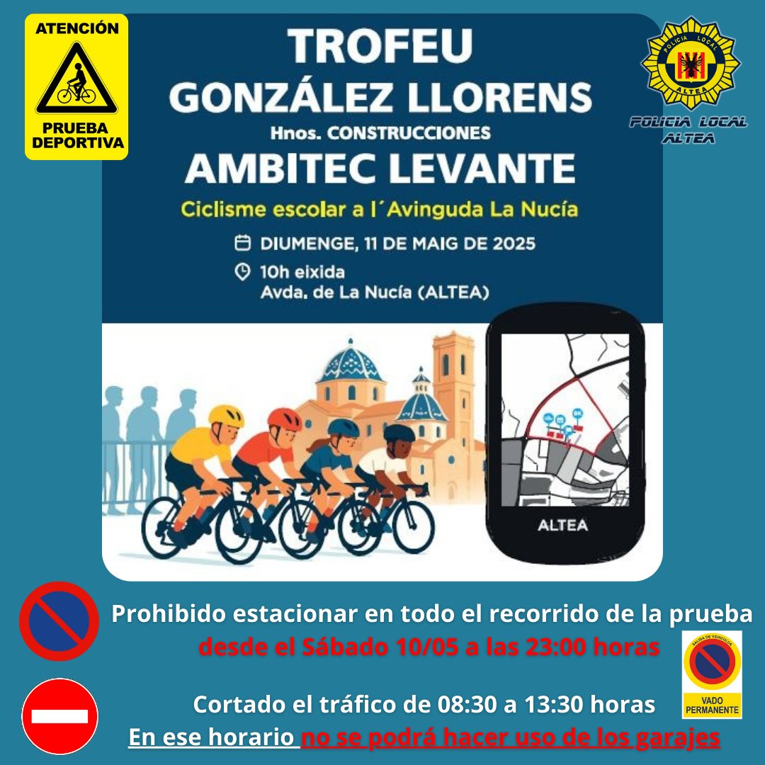 PoliciaAltea's tweet photo. 🚴‍♀️🚴 Trofeo González Llorens de ciclismo escolar 2025
📅 Domingo 11 de mayo
⏰ De 08:30 a 13:30h
📍 Av. Alcalde Juan Alvado, Avd. de la Nucía, avd. de Valencia y Camí del Pontet.
Más Info: Imágenes adjuntas https://t.co/Ye8rPABZLw