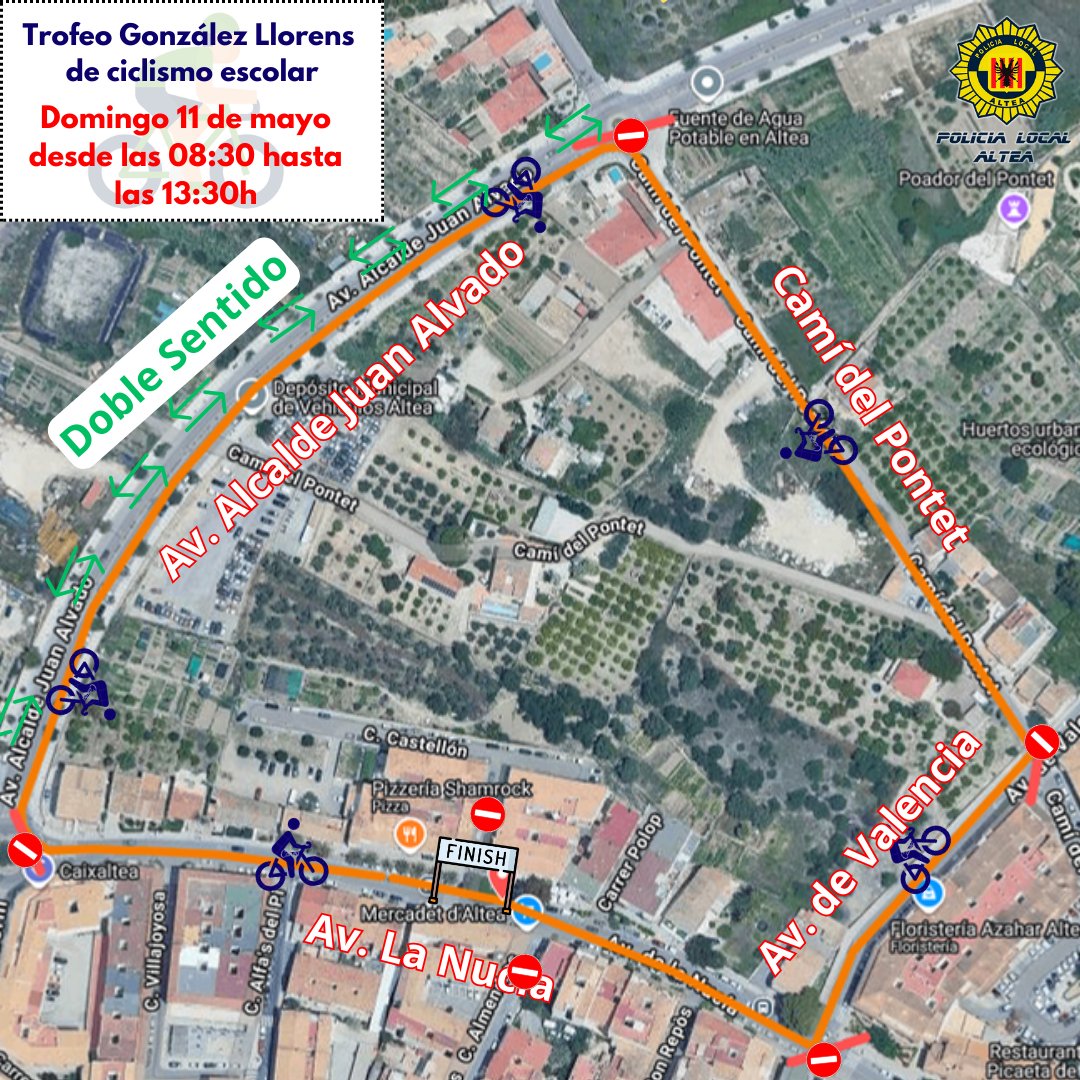 PoliciaAltea's tweet photo. 🚴‍♀️🚴 Trofeo González Llorens de ciclismo escolar 2025
📅 Domingo 11 de mayo
⏰ De 08:30 a 13:30h
📍 Av. Alcalde Juan Alvado, Avd. de la Nucía, avd. de Valencia y Camí del Pontet.
Más Info: Imágenes adjuntas https://t.co/Ye8rPABZLw