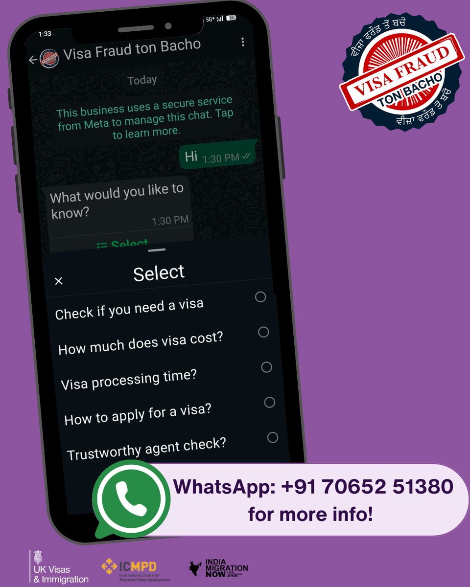 India Migration Now (@nowmigration) on Twitter photo Message our WhatsApp chatbot at +91 70652 51380
Available in English and Punjabi. Try it out now:
wa.me/917065251380?t…
ਸਾਡੇ ਵਟਸਐਪ ਚੈਟਬੋਟ +91 70652 51380 'ਤੇ ਮੈਸੇਜ ਕਰੋ।
ਅੰਗਰੇਜ਼ੀ ਅਤੇ ਪੰਜਾਬੀ ਵਿਚ ਉਪਲਬਧ । ਹੁਣੇ ਕੋਸ਼ਿਸ਼ ਕਰੋ: wa.me/917065251380?t…
<a href="/UKinIndia/">UK in India🇬🇧🇮🇳</a> <a href="/BudapestProcess/">ICMPD Silk Routes</a> Message our WhatsApp chatbot at +91 70652 51380
Available in English and Punjabi. Try it out now:
wa.me/917065251380?t…
ਸਾਡੇ ਵਟਸਐਪ ਚੈਟਬੋਟ +91 70652 51380 'ਤੇ ਮੈਸੇਜ ਕਰੋ।
ਅੰਗਰੇਜ਼ੀ ਅਤੇ ਪੰਜਾਬੀ ਵਿਚ ਉਪਲਬਧ । ਹੁਣੇ ਕੋਸ਼ਿਸ਼ ਕਰੋ: wa.me/917065251380?t…
<a href="/UKinIndia/">UK in India🇬🇧🇮🇳</a> <a href="/BudapestProcess/">ICMPD Silk Routes</a>
