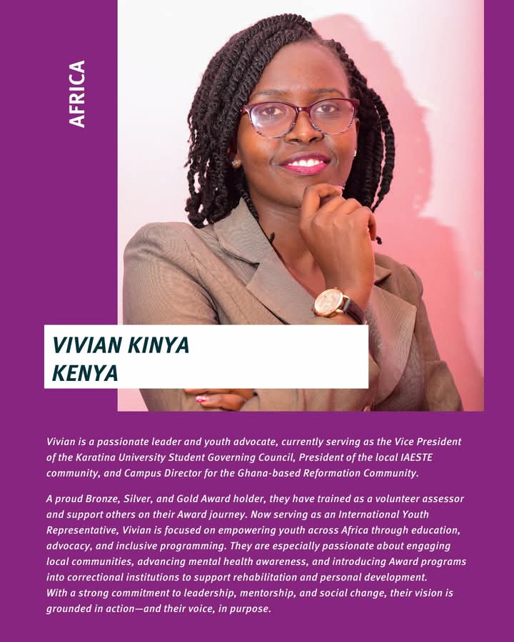 Karatina University’s own Vivian Kinya, the Vice President student association has been elected as an International Youth Representative for the Duke of Edinburgh’s International Award! From campus leader to global voice—congratulations, Vivian!  #KarUExcellence #YouthLeadership