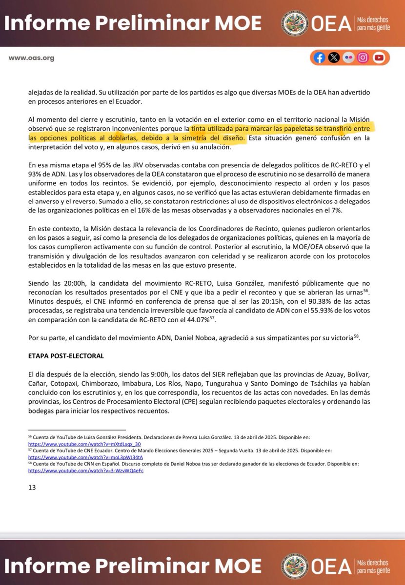 Para cuestionar las elecciones de Bolivia en 2019, la OEA se basó en lo estadísticamente improbable de los resultados. En Ecuador, los resultados no son estadísticamente improbables, sino IMPOSIBLES, como lo han demostrados varios matemáticos, estadísticos y expertos electorales.