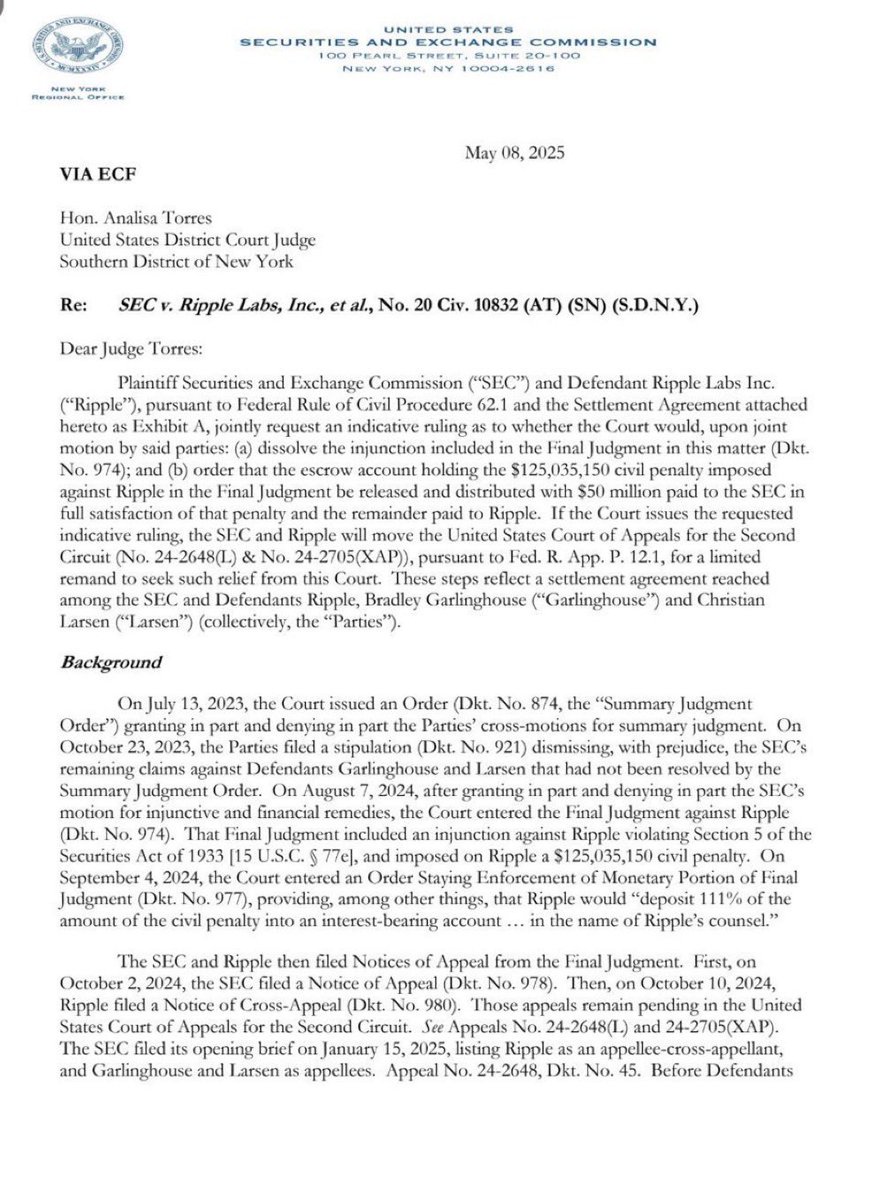 💥BREAKING: 

🇺🇸 U.S. SEC FILES RIPPLE $XRP LAWSUIT SETTLEMENT AGREEMENT LETTER

BULLISH FOR $XRP HOLDERS!!!