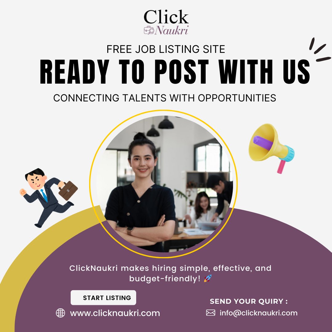 ClickNaukri's tweet image. 🚀 Post Jobs for FREE and Hire the Best – Powered by ClickNaukri!  

✔️ No fees, no limits – 100% free 💰
✔️ Access thousands of active job seekers 👨‍💼👩‍💼
✔️ Easy job posting with instant reach ⏱️
✔️ Hire smart, hire faster ⚡

👉 Start now: clicknaukri.com
#FreeJobPosting
