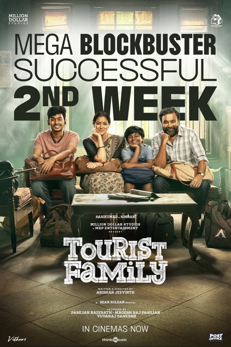 MEGA BLOCKBUSTER #TouristFamily steps into Super Successful 2nd week in theatres near you 🤗❤️

Watch the WHOLESOME FAMILY ENTERTAINER in cinemas now 🥳

Written &amp; directed by @abishanjeevinth ✨
A <a href="/RSeanRoldan/">Sean Roldan</a> musical  🎶

@sasikumardir <a href="/SimranbaggaOffc/">Simran</a>
