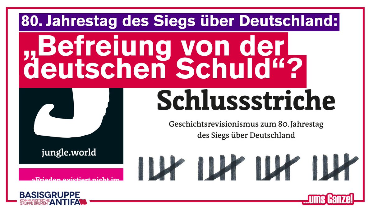 Mit „Neue Schlussstriche – Geschichtsrevisionismus zum 80. Jahrestag des Siegs über #Deutschland“ titelt die neue Ausgabe unserer Lieblingswochenzeitung <a href="/Jungle_World/">Jungle World</a> – und in gleich zwei Artikeln kommen auch wir zu Wort. (1/10)