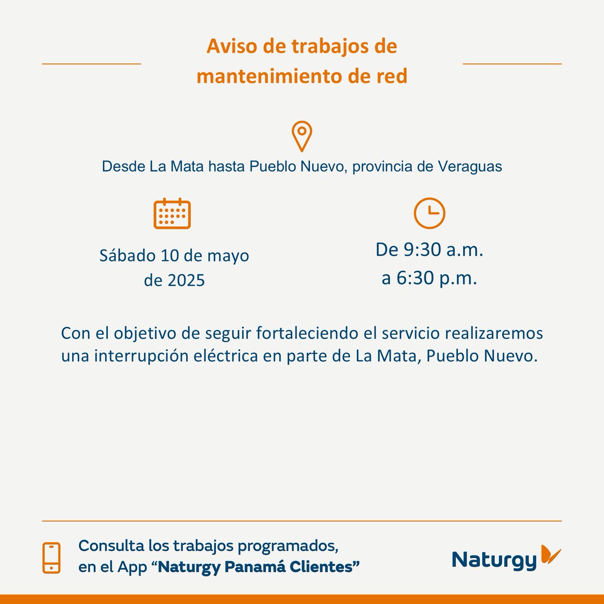 Naturgy Panamá (@naturgypa) on Twitter photo #ProvinciaVeraguas Trabajos de mantenimiento en la red el sábado 10 de mayo desde La Mata hasta Pueblo Nuevo, Provincia de Veraguas.
<a href="/Veraguas09/">Veraguas Panamá</a> <a href="/AnunciaVeraguas/">Anuncia Veraguas</a> <a href="/LaVozDeVeraguas/">La Voz De Veraguas</a> <a href="/SantiagoSty/">Santiago, Veraguas™</a> <a href="/VeraguasC_9/">Veraguas</a> <a href="/criticaenlinea/">Diario Critica.Pa</a> <a href="/MiDiarioPanama/">Mi Diario Panamá</a> <a href="/DiaaDiaPa/">Diario DiaaDia</a> #ProvinciaVeraguas Trabajos de mantenimiento en la red el sábado 10 de mayo desde La Mata hasta Pueblo Nuevo, Provincia de Veraguas.
<a href="/Veraguas09/">Veraguas Panamá</a> <a href="/AnunciaVeraguas/">Anuncia Veraguas</a> <a href="/LaVozDeVeraguas/">La Voz De Veraguas</a> <a href="/SantiagoSty/">Santiago, Veraguas™</a> <a href="/VeraguasC_9/">Veraguas</a> <a href="/criticaenlinea/">Diario Critica.Pa</a> <a href="/MiDiarioPanama/">Mi Diario Panamá</a> <a href="/DiaaDiaPa/">Diario DiaaDia</a>