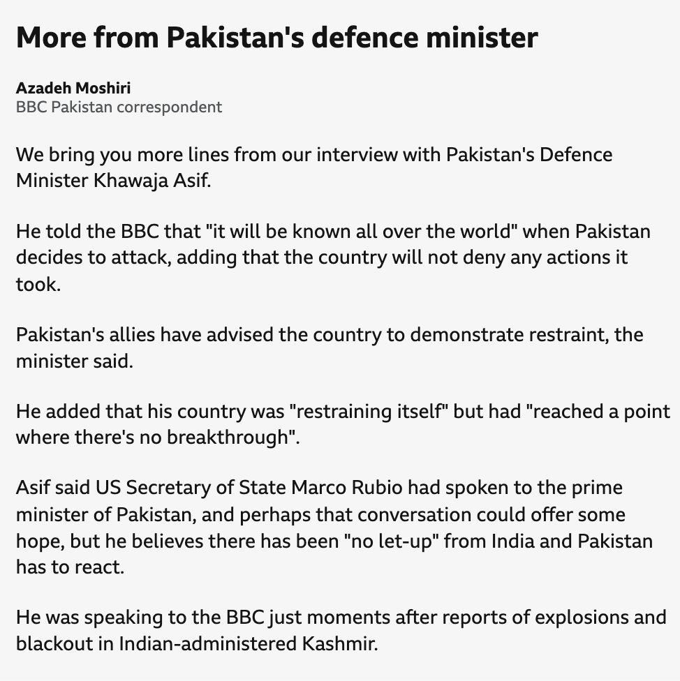 Moments after news of explosions in Indian-administered Kashmir, #Pakistan's defence minister told us it was not involved &amp; said should it strike "it will be known all over the world". India's army accuses Pakistan of attacking 3 military bases in India + Indian-admin Kashmir.
