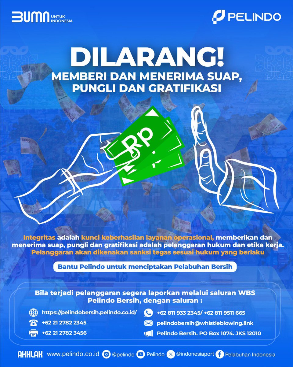 indonesiaport's tweet photo. Halo #Portizen,

Pelindo menolak segala bentuk suap, pungli, dan gratifikasi. Ini bukan hanya soal hukuman, tapi juga soal membangun nilai dan kepercayaan para stakeholders.

https://t.co/B2O8XRgqxQ
Atau  WA +62 811 933 2345/ +62 811 9511 655

#NoPungli #AntiSuap #PelindoBersih https://t.co/sP534GdNIp