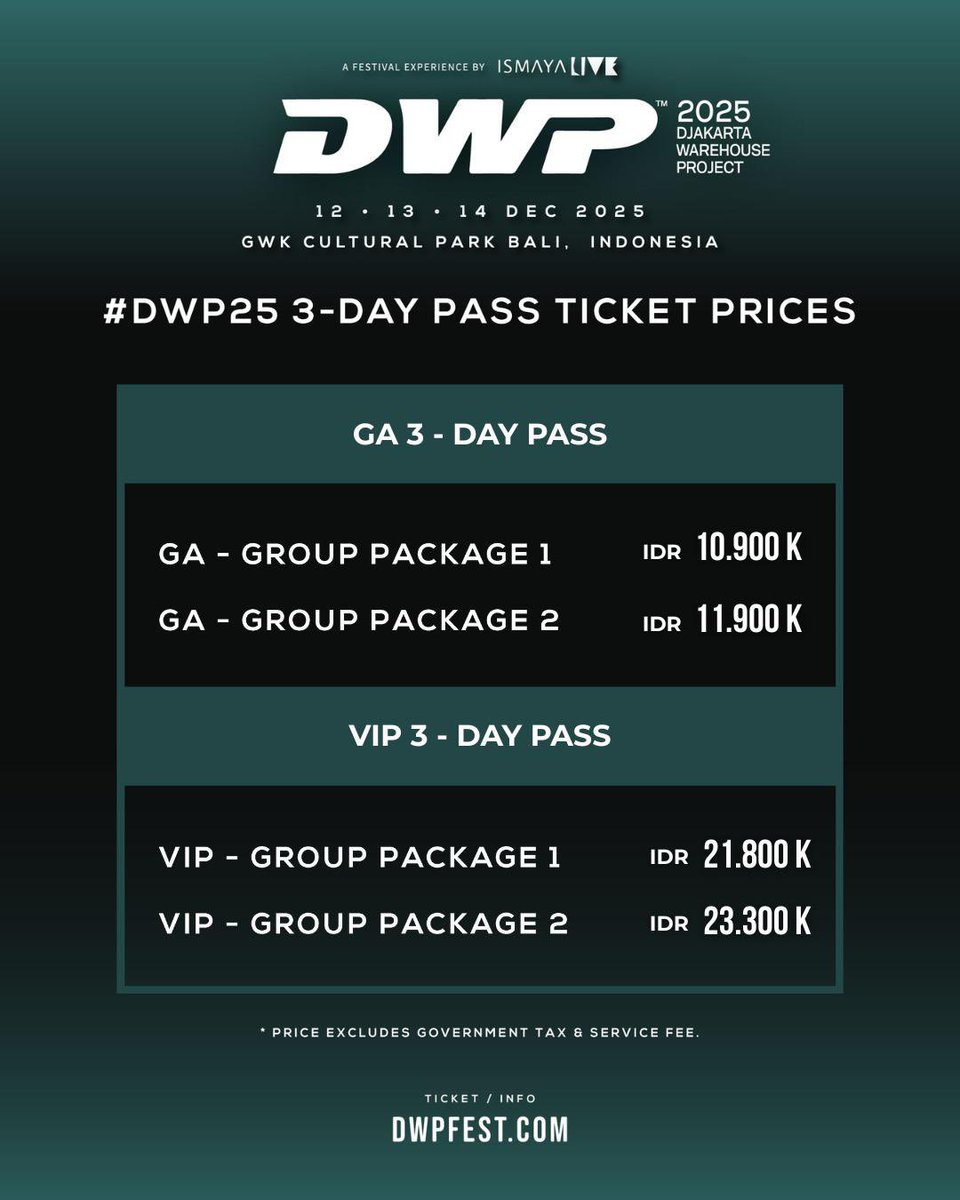 SURPRISE!

Releasing the ticket prices early for you to plan ahead and secure your spot at #DWP25!

Tickets will be available to purchase on today at 19.00 Jakarta Time via dwpfest.com. Keep your eyes peeled for more info!