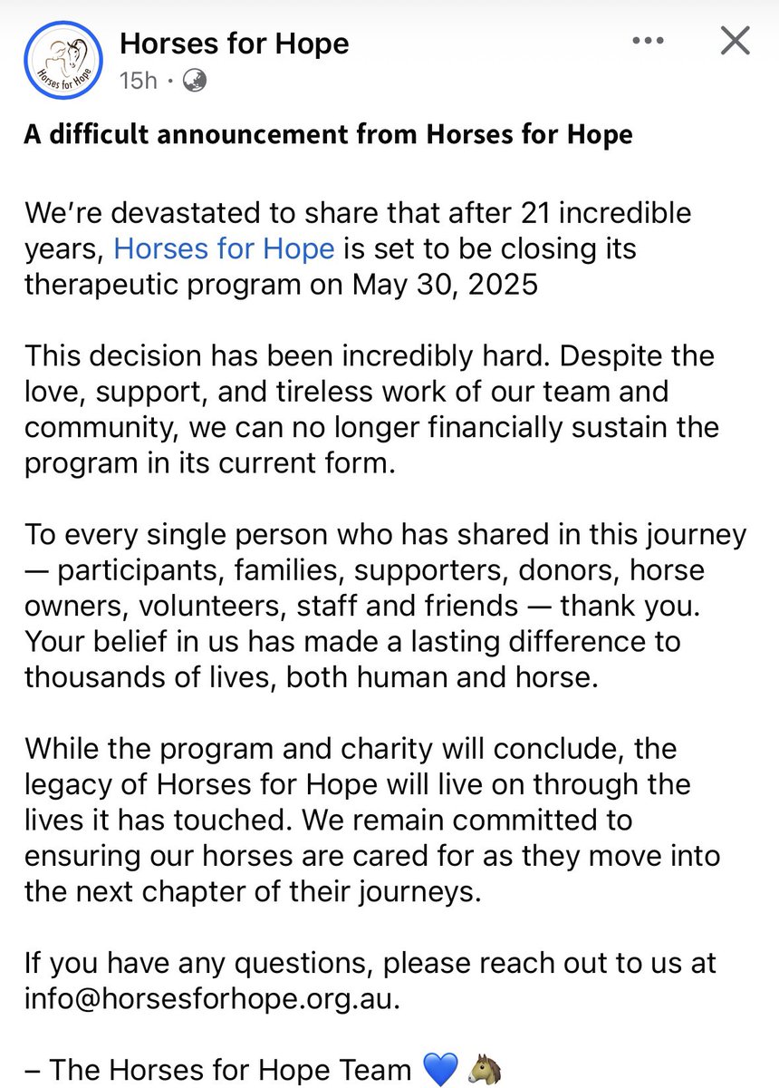 Incredibly sad news to see Horses for Hope having to fold. The number of horse rescue orgs &amp; retrainers closing down due to financial constraints is increasingly concerning. I’m not noticing it as prominently in any other state as Victoria but might just be my algorithm 🤔