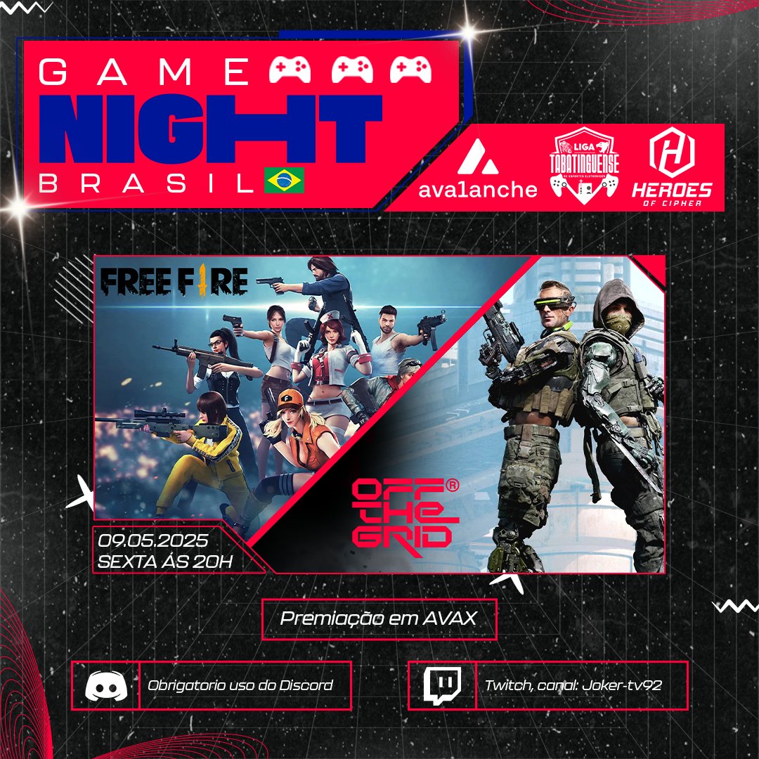 HeroesOfCipher's tweet photo. Voltamos com a #GameNight recarregada ⚡ e dessa vez direto do Brasil!

Dois jogões: Free Fire  🔥 e @playoffthegrid
Uma só emoção, dois mundos conectados.

Nesta sexta-feira às 20h ⏰ no nosso canal do Discord 💻 https://t.co/jqhjuIHUuq

Vai ter prêmios em $AVAX https://t.co/JJpXa3uhBG
