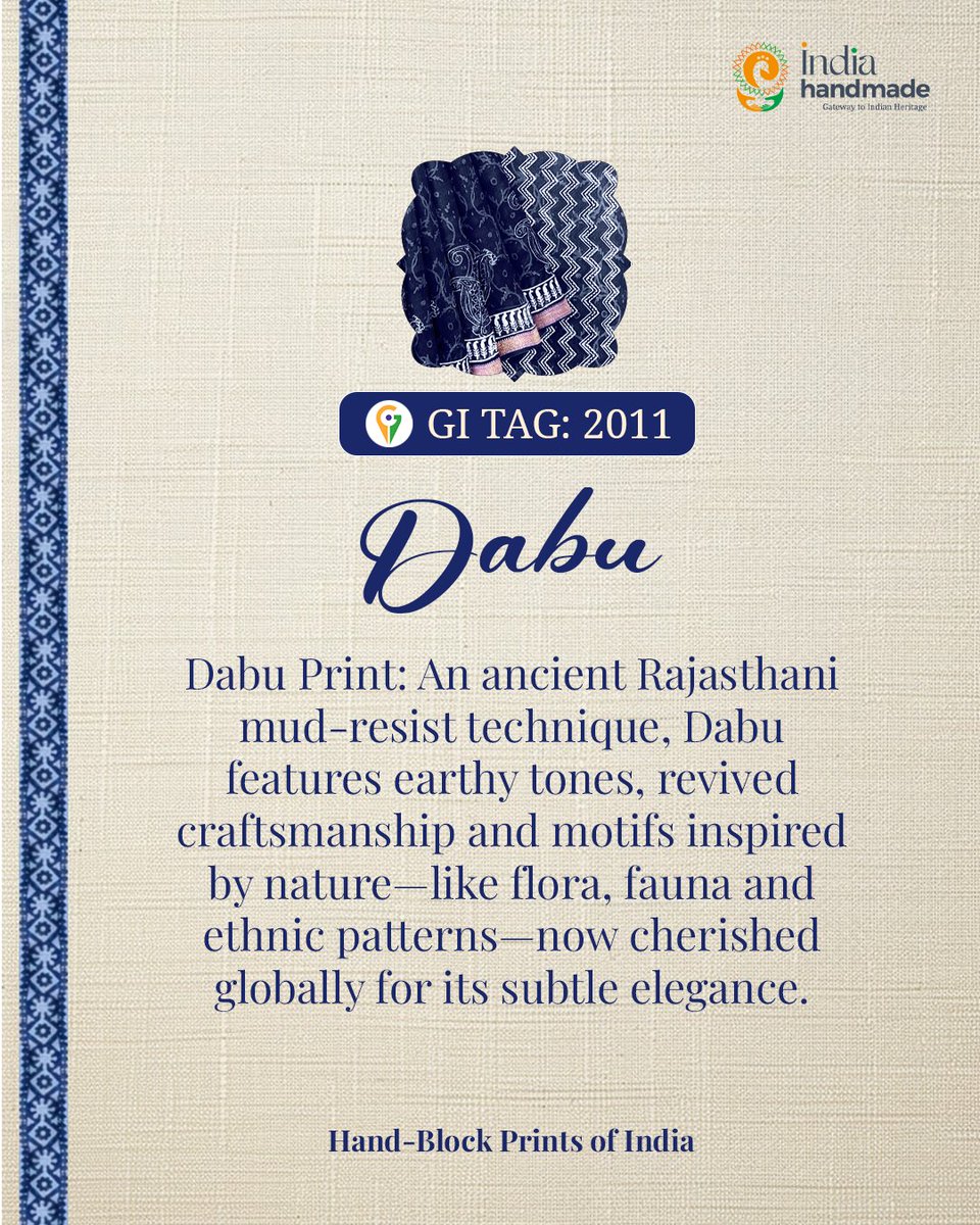 Indiahandmade_'s tweet image. Dabu Print – A centuries-old mud-resist technique from Rajasthan, celebrated for its earthy tones, natural dyes and motifs inspired by flora, fauna and ethnic traditions.

🛍️ Shop Dabu print textiles now at indiahandmade.com.

#gitag #dabuprint #blockprints #printsofindia