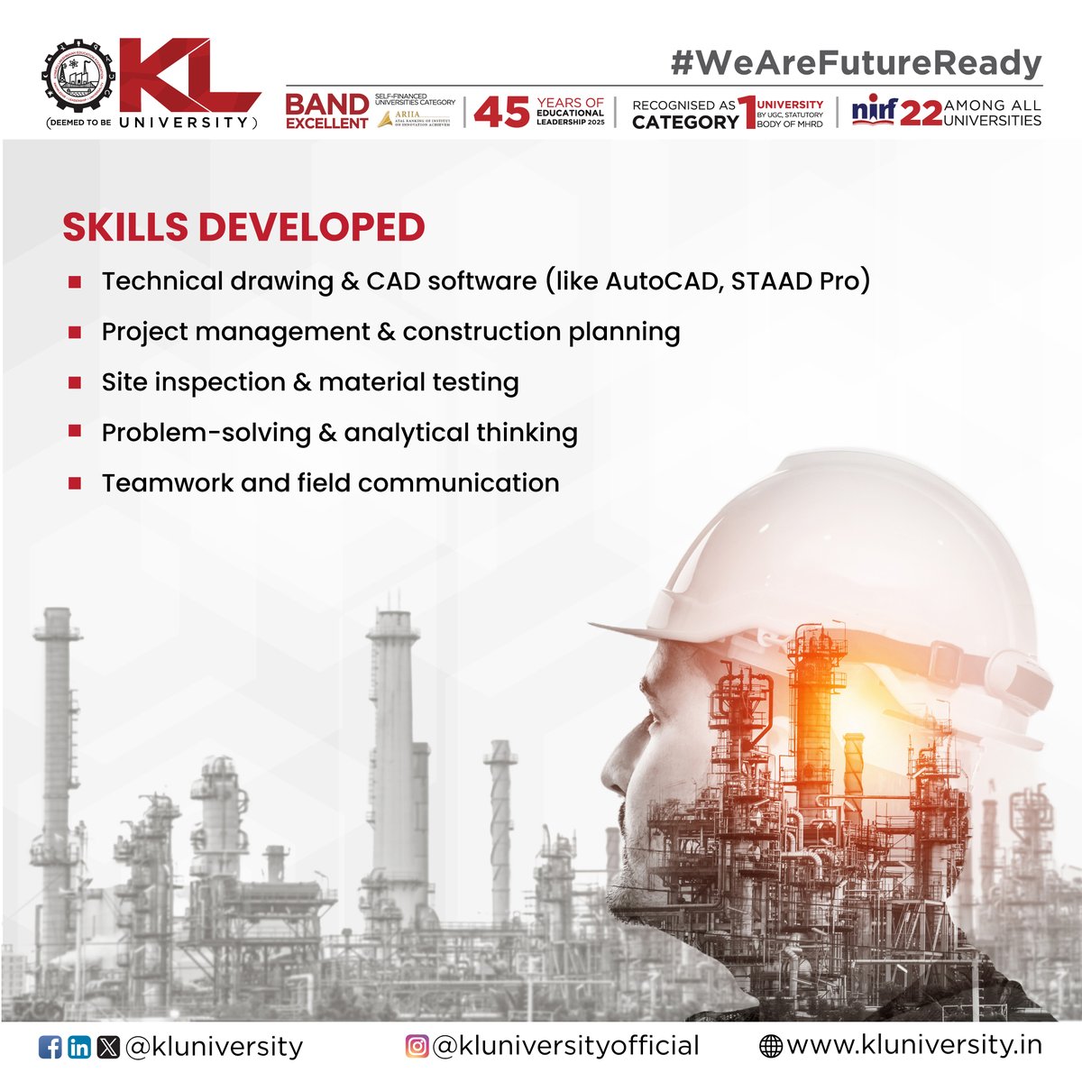 kluniversity's tweet image. Our B.Tech Civil Engineering program offers a comprehensive understanding of how infrastructure comes to life - from initial planning to long-term care of buildings, roads, bridges, and more. 
kluniversity.in/admissions-202…

#KLU #btechcivilengineering #civilengineering